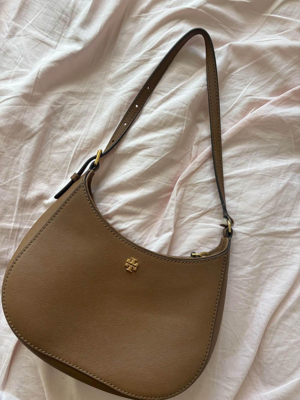 Tory Burch Tan Crescent Leather Shoulder Bag with Gold Logo